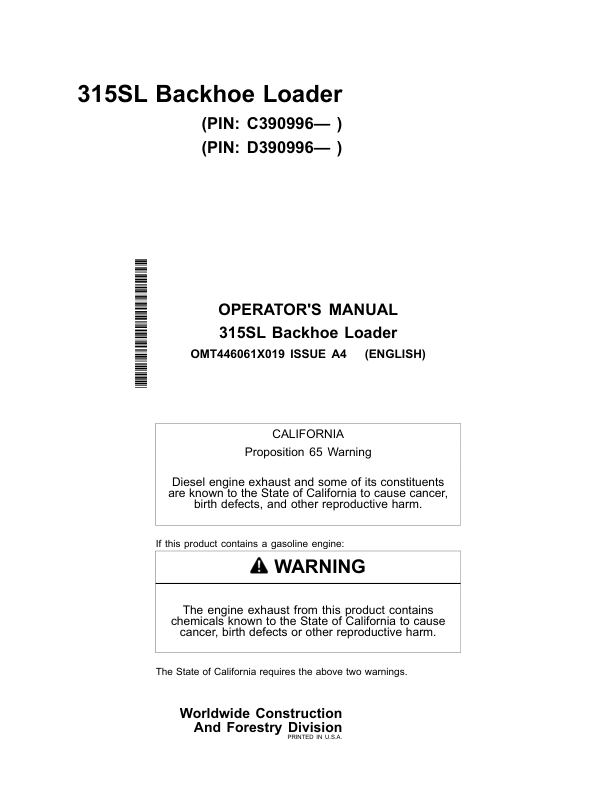 John Deere 315SL Backhoe Loaders Operator's Manuals (OMT446061X019)