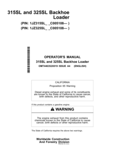 John Deere 315SL, 325SL Backhoe Loaders Operator's Manuals (OMT446352X019)