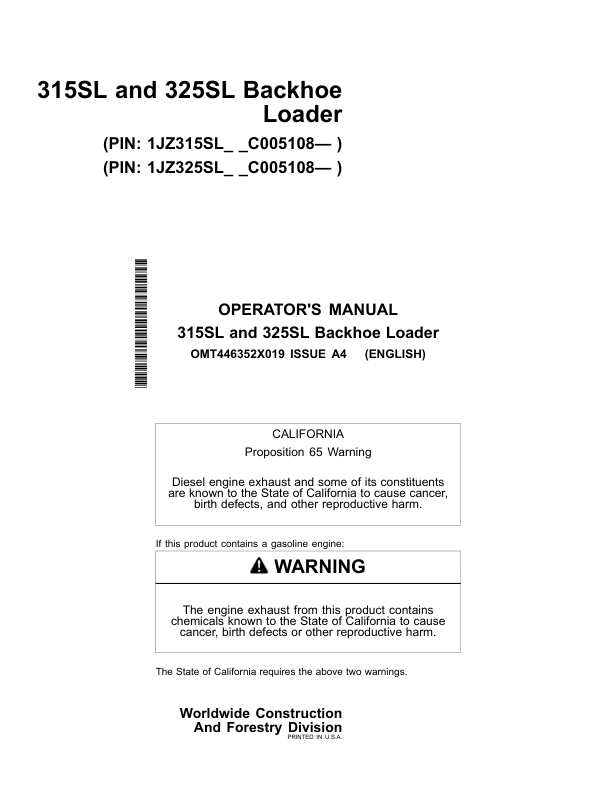 John Deere 315SL, 325SL Backhoe Loaders Operator's Manuals (OMT446352X019)