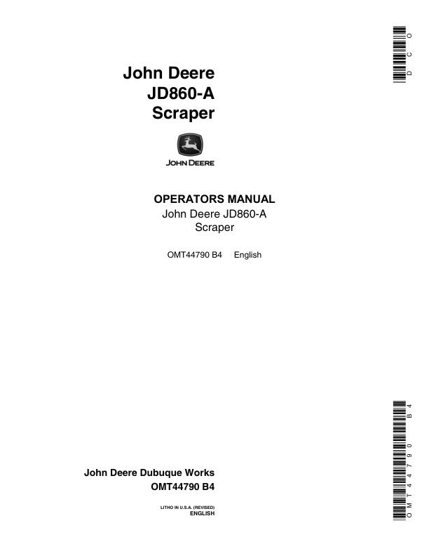 John Deere 860A Scrapers Operator's Manuals (OMT44790)