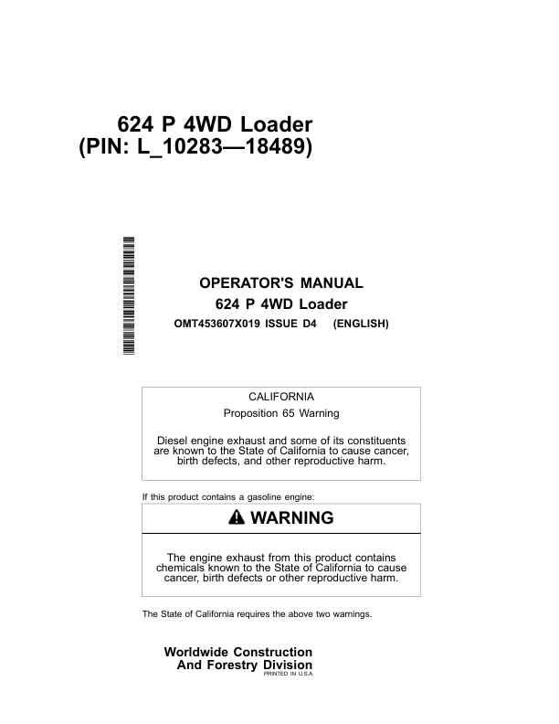 John Deere 624 P Loaders Operator's Manuals (OMT453607X019)