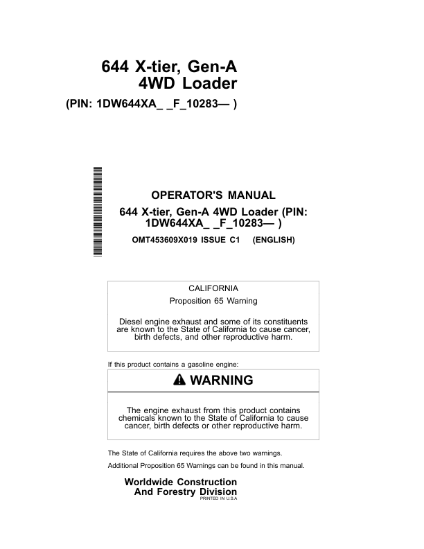 John Deere 644 X Loaders Operator's Manuals (OMT453609X019)