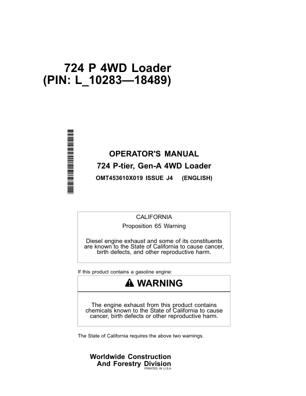 John Deere 724 P Loaders Operator's Manuals (OMT453610X019)