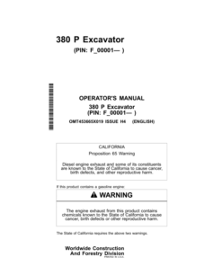 John Deere 380 P Excavators Operator's Manuals (OMT453665X019)