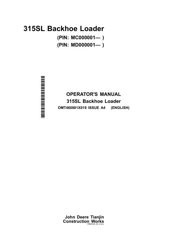 John Deere 315SL Backhoe Loaders Operator's Manuals (OMT460881X019)