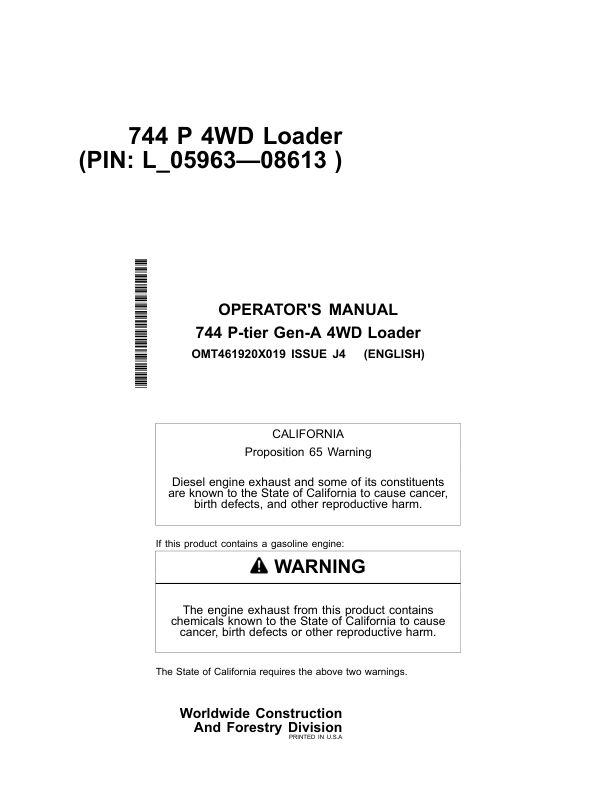 John Deere 744 P Loaders Operator's Manuals (OMT461920X019)