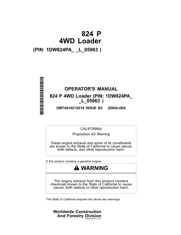 John Deere 824 P Loaders Operator's Manuals (OMT461921X019)