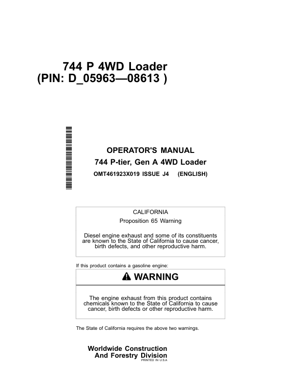 John Deere 744 P Loaders Operator's Manuals (OMT461923X019)