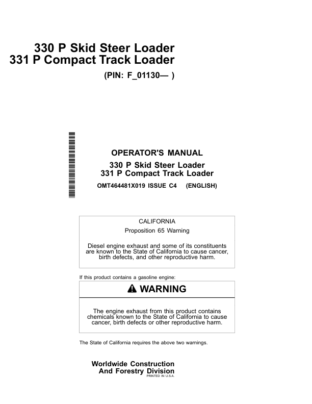 John Deere 330 P, 331 P Skid Steers Operator's Manuals (OMT464481X019)