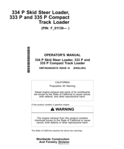John Deere 333 P, 334 P, 335 P Skid Steers Operator's Manuals (OMT464482X019)