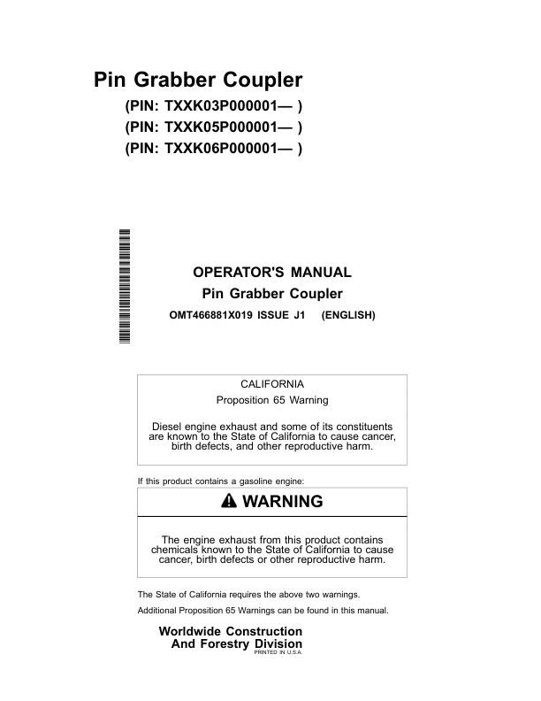 John Deere 35G, 50G, 60G Excavators Operator's Manuals (OMT466881X019)
