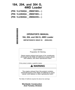 John Deere 184 G, 204 G, 304 G Loaders Operator's Manuals (OMT467530X019)