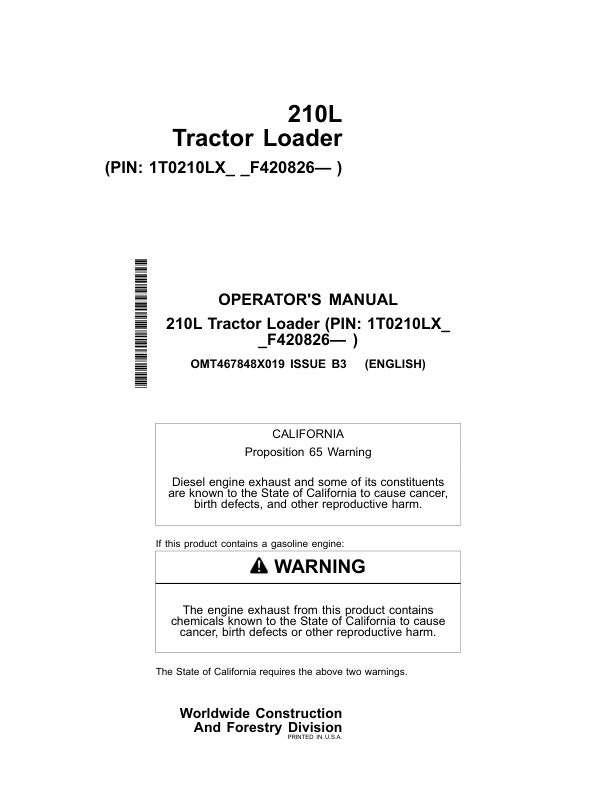 John Deere 210L Tractor Loader Operator's Manuals (OMT467848X019)
