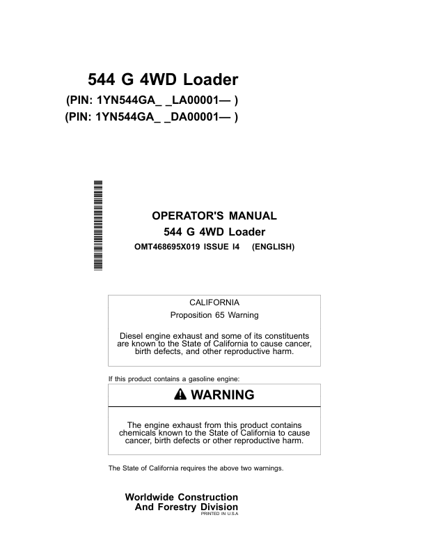 John Deere 544 G Loaders Operator's Manuals (OMT468695X019)