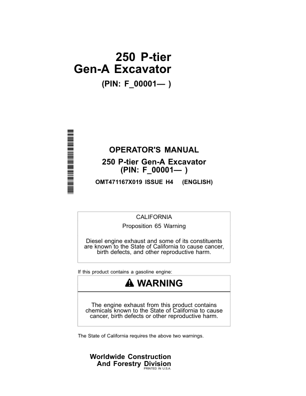 John Deere 250 P Excavators Operator's Manuals (OMT471167X019)