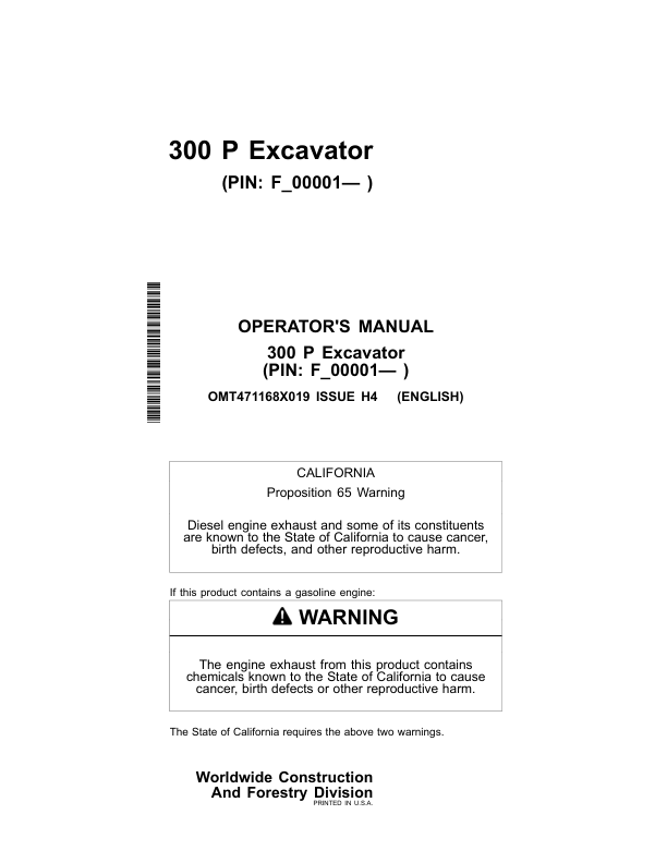 John Deere 300 P Excavators Operator's Manuals (OMT471168X019)
