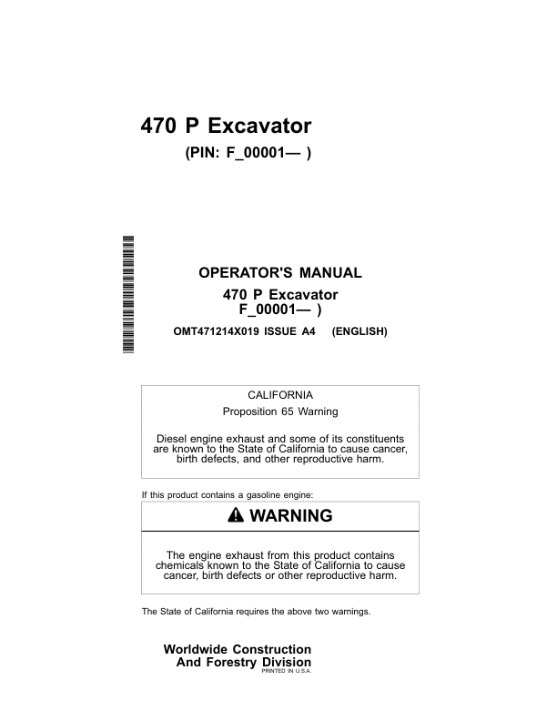 John Deere 470 P Excavators Operator's Manuals (OMT471214X019)