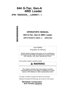 John Deere 644 G Loaders Operator's Manuals (OMT471622X019)