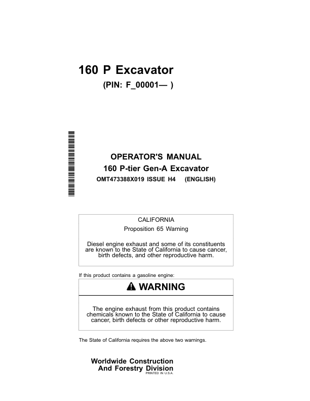 John Deere 160 P Excavators Operator's Manuals (OMT473388X019)