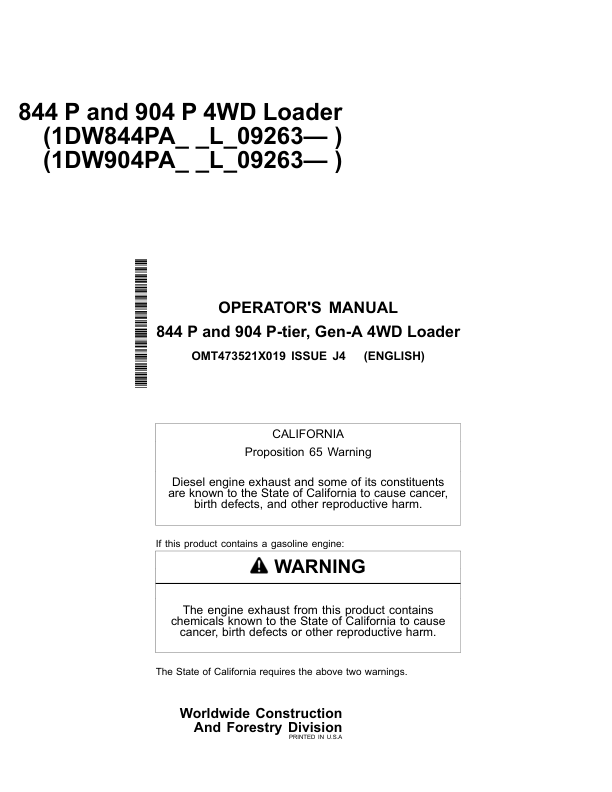 John Deere 844 P, 904 P Loaders Operator's Manuals (OMT473521X019)