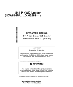 John Deere 844 P Loaders Operator's Manuals (OMT473523X019)