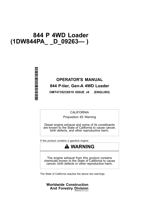 John Deere 844 P Loaders Operator's Manuals (OMT473523X019)
