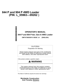 John Deere 844 P, 904 P Loaders Operator's Manuals (OMT473605X019)