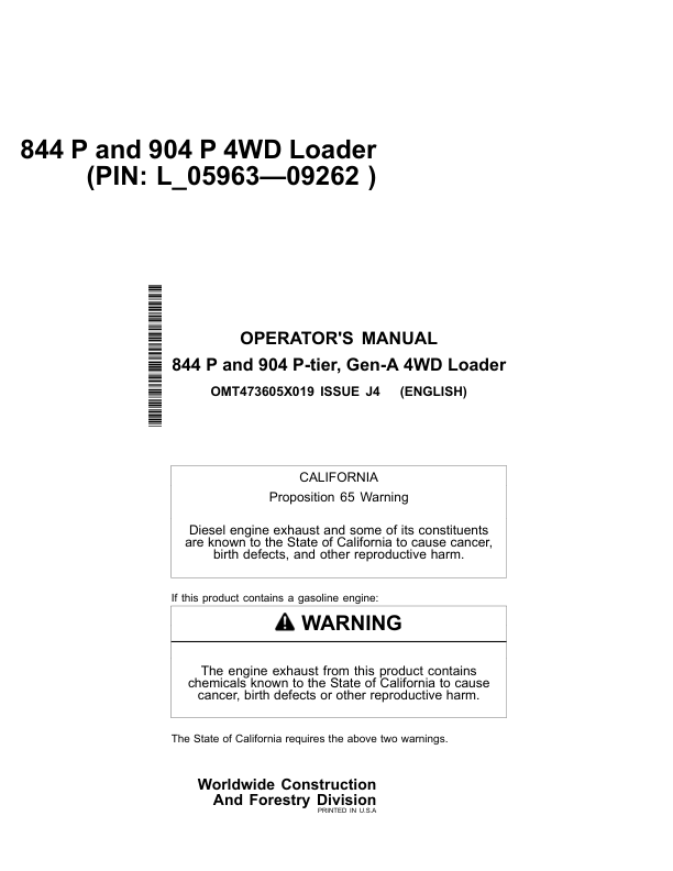 John Deere 844 P, 904 P Loaders Operator's Manuals (OMT473605X019)