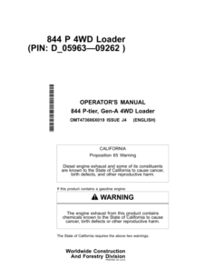 John Deere 844 P Loaders Operator's Manuals (OMT473606X019)
