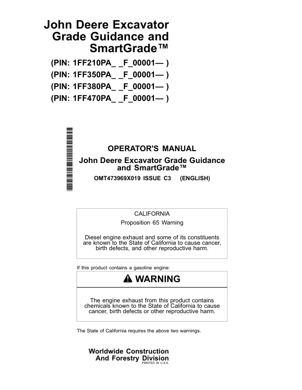 John Deere 210 P, 350 P, 380 P, 470 P Excavators Operator's Manuals (OMT473969X019)