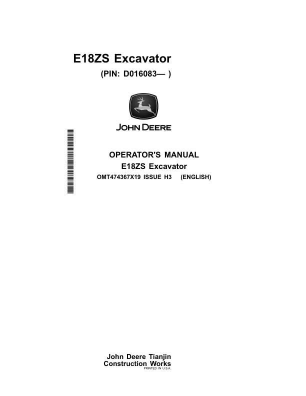 John Deere E18ZS Excavators Operator's Manuals (OMT474367X19)