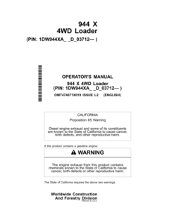 John Deere 944 X Loaders Operator's Manuals (OMT474671X019)