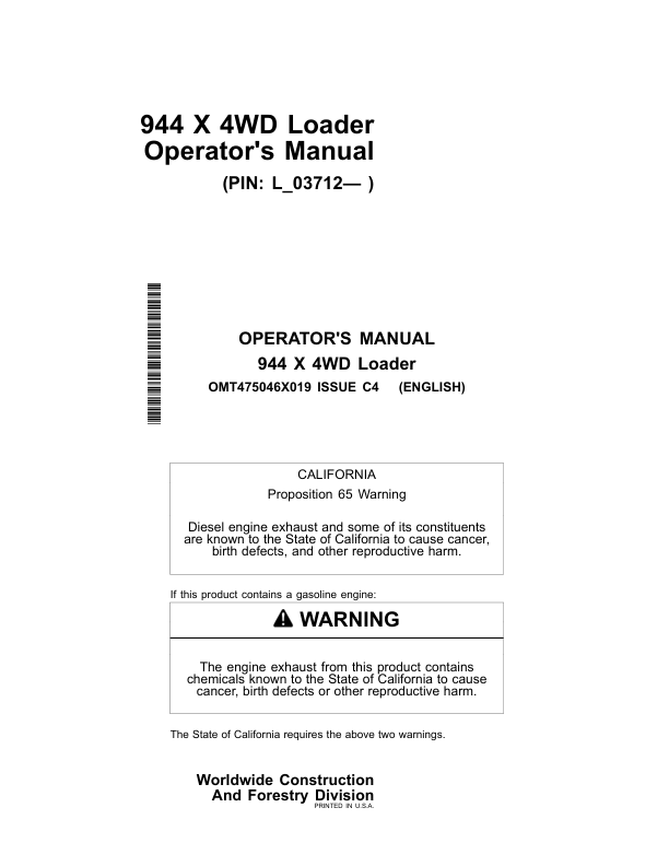 John Deere 944 X Loaders Operator's Manuals (OMT475046X019)