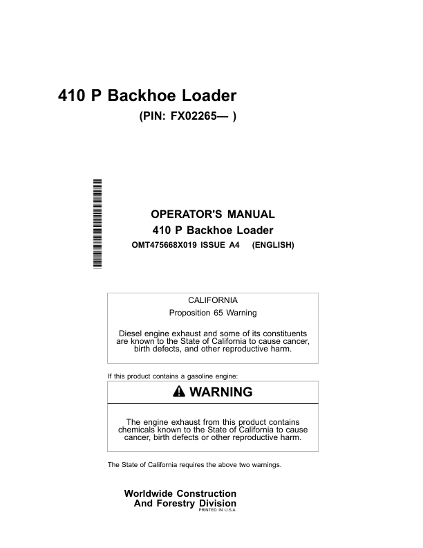 John Deere 410 P Backhoe Loaders Operator's Manuals (OMT475668X019)