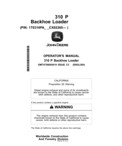 John Deere 310 P Backhoe Loaders Operator's Manuals (OMT475669X019)