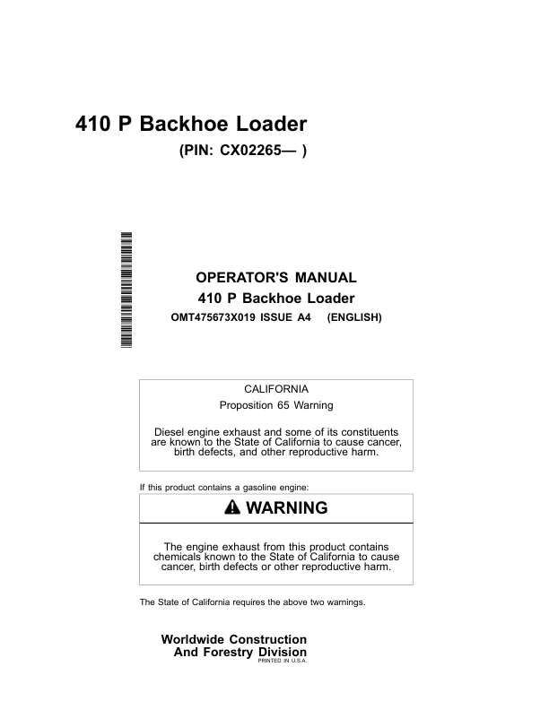 John Deere 410 P Backhoe Loaders Operator's Manuals (OMT475673X019)