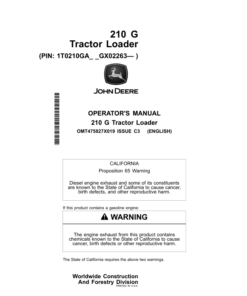 John Deere 210 G Tractor Loader Operator's Manuals (OMT475827X019)