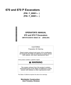 John Deere 670 P, 870 P Excavators Operator's Manuals (OMT476125X019)