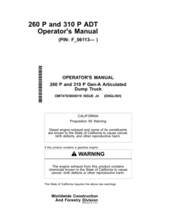 John Deere 260 P, 310 P Articulated Dump Trucks Operator's Manuals (OMT476390X019)