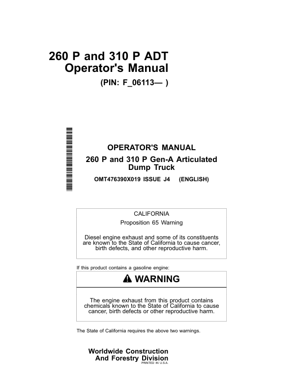 John Deere 260 P, 310 P Articulated Dump Trucks Operator's Manuals (OMT476390X019)