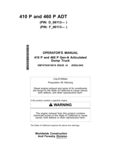 John Deere 410 P, 460 P Articulated Dump Trucks Operator's Manuals (OMT476391X019)