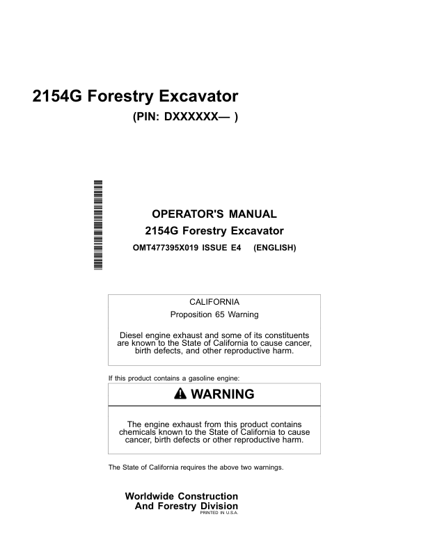 John Deere 2154G Forestry Excavator Operator's Manuals (OMT477395X019)