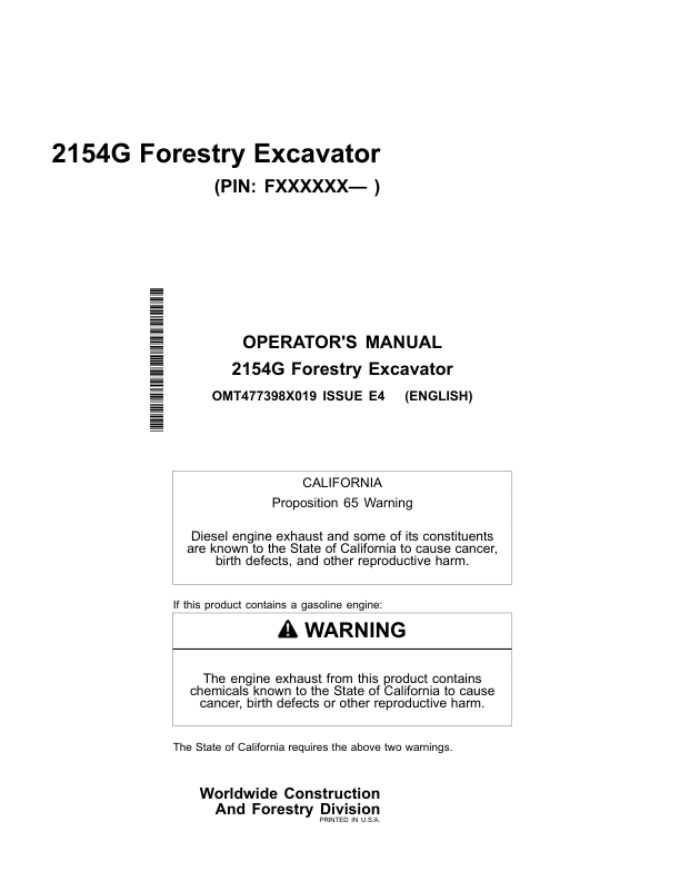 John Deere 2154G Forestry Excavator Operator's Manuals (OMT477398X019)