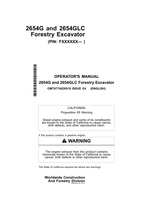 John Deere 2654GLC Forestry Excavator Operator's Manuals (OMT477402X019)
