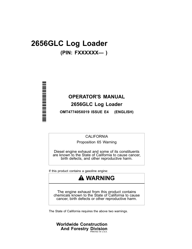 John Deere 2656GLC Log Loaders Operator's Manuals (OMT477405X019)
