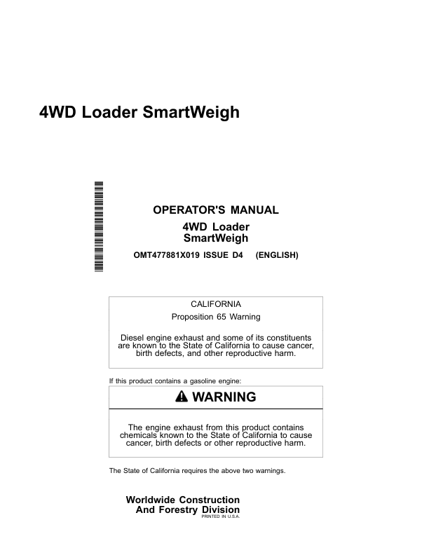 John Deere 444 P, 524 P, 544 P, 624 P, 644 P, 644 X, 744 P, 824 P, 844 P, 904 P Loaders Operator's Manuals (OMT477881X019)