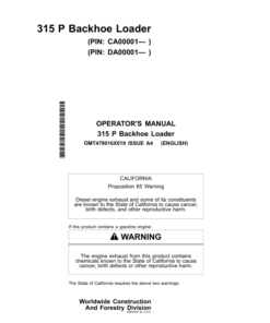 John Deere 315 P Backhoe Loaders Operator's Manuals (OMT479016X019)