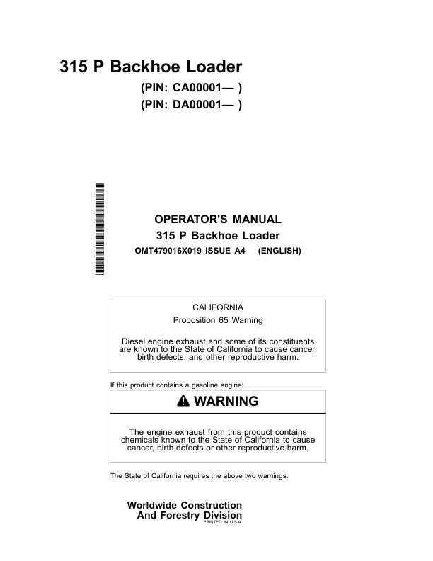 John Deere 315 P Backhoe Loaders Operator's Manuals (OMT479016X019)