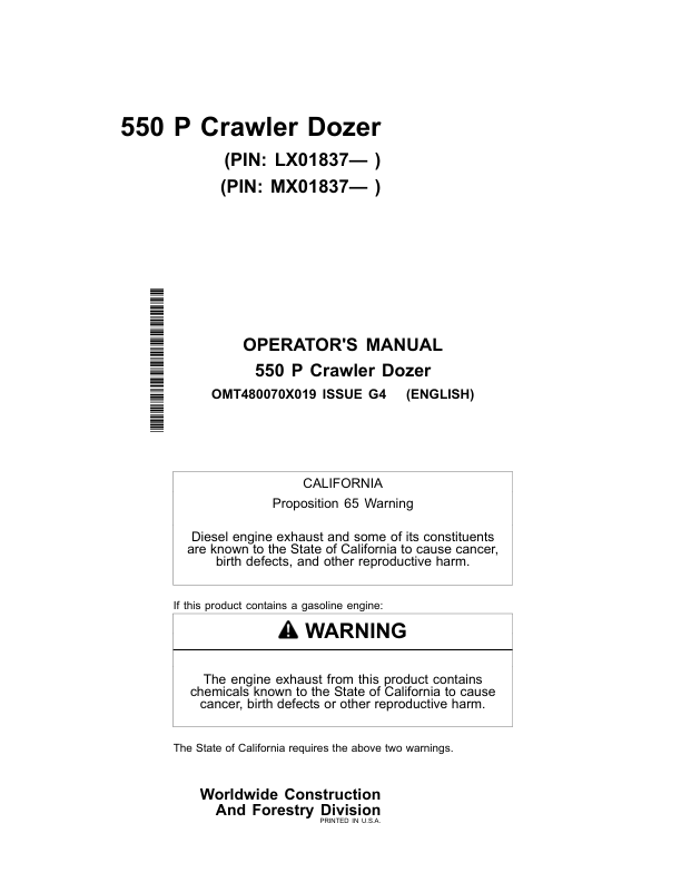 John Deere 550 P Crawler Dozers Operator's Manuals (OMT480070X019)