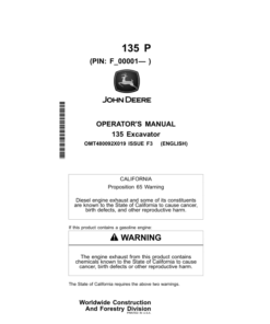 John Deere 135 P Excavators Operator's Manuals (OMT480092X019)